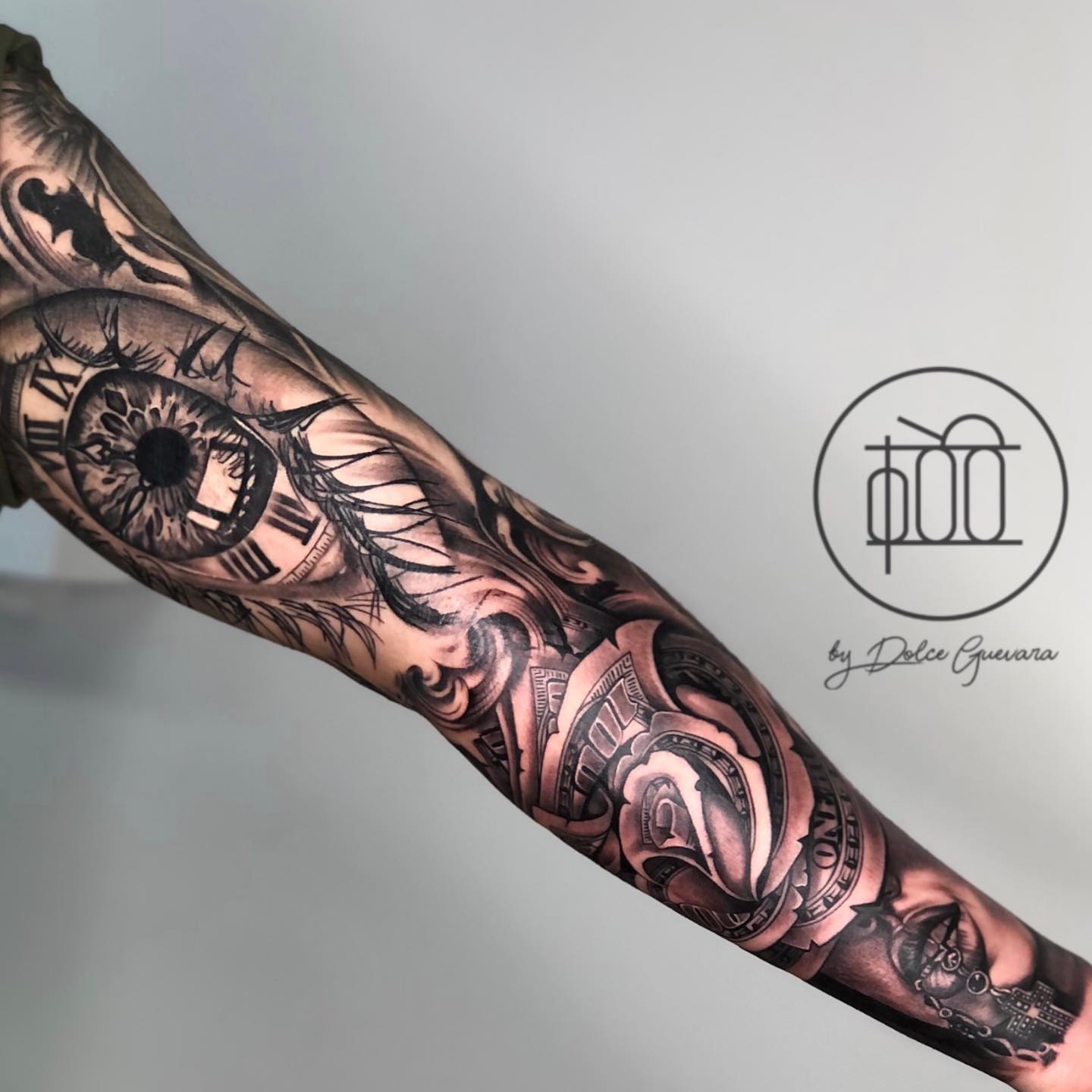 Large Black Money Rose Tattoo on Arm