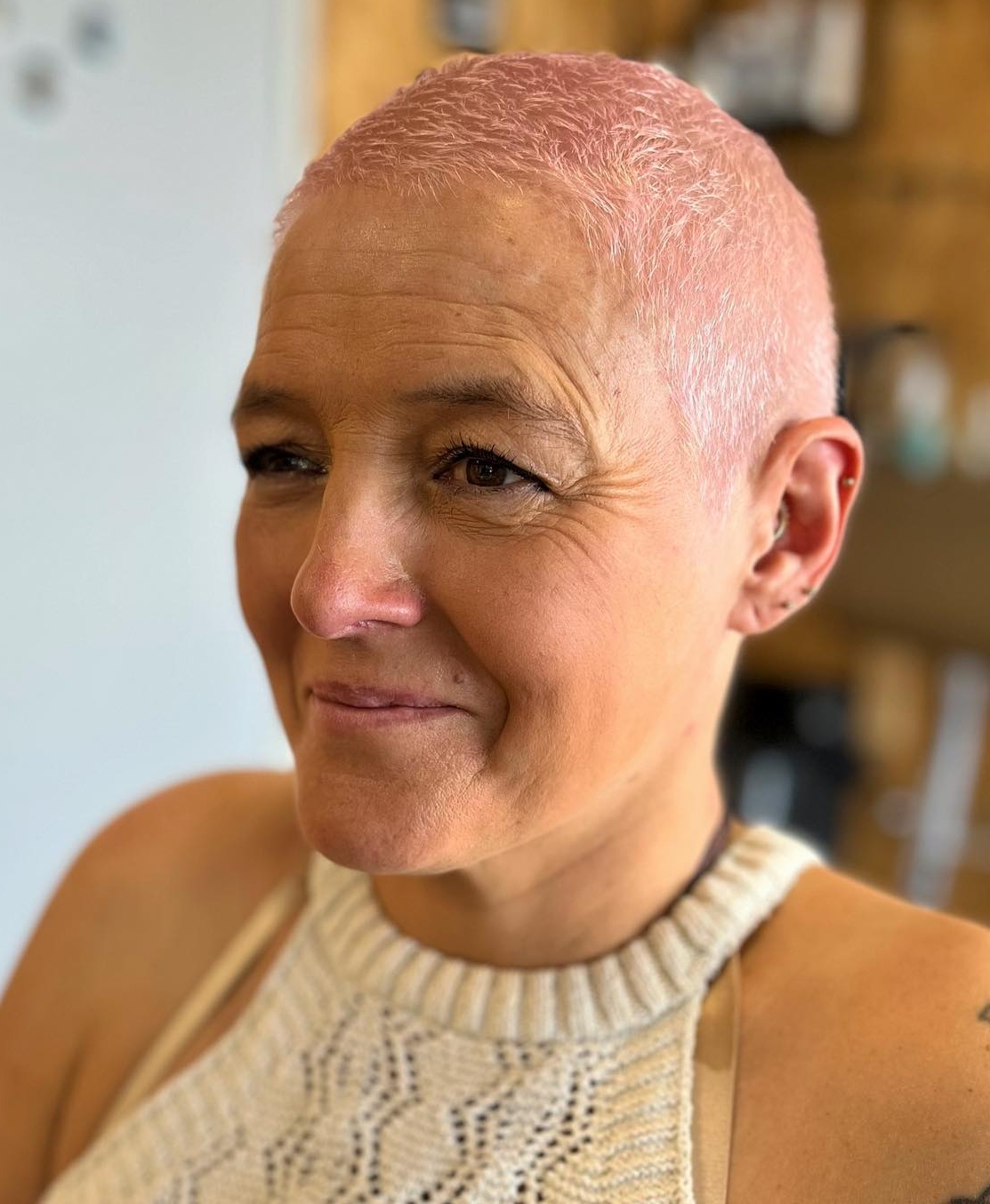 Buzz Cut on Pink Hair for Mature Women