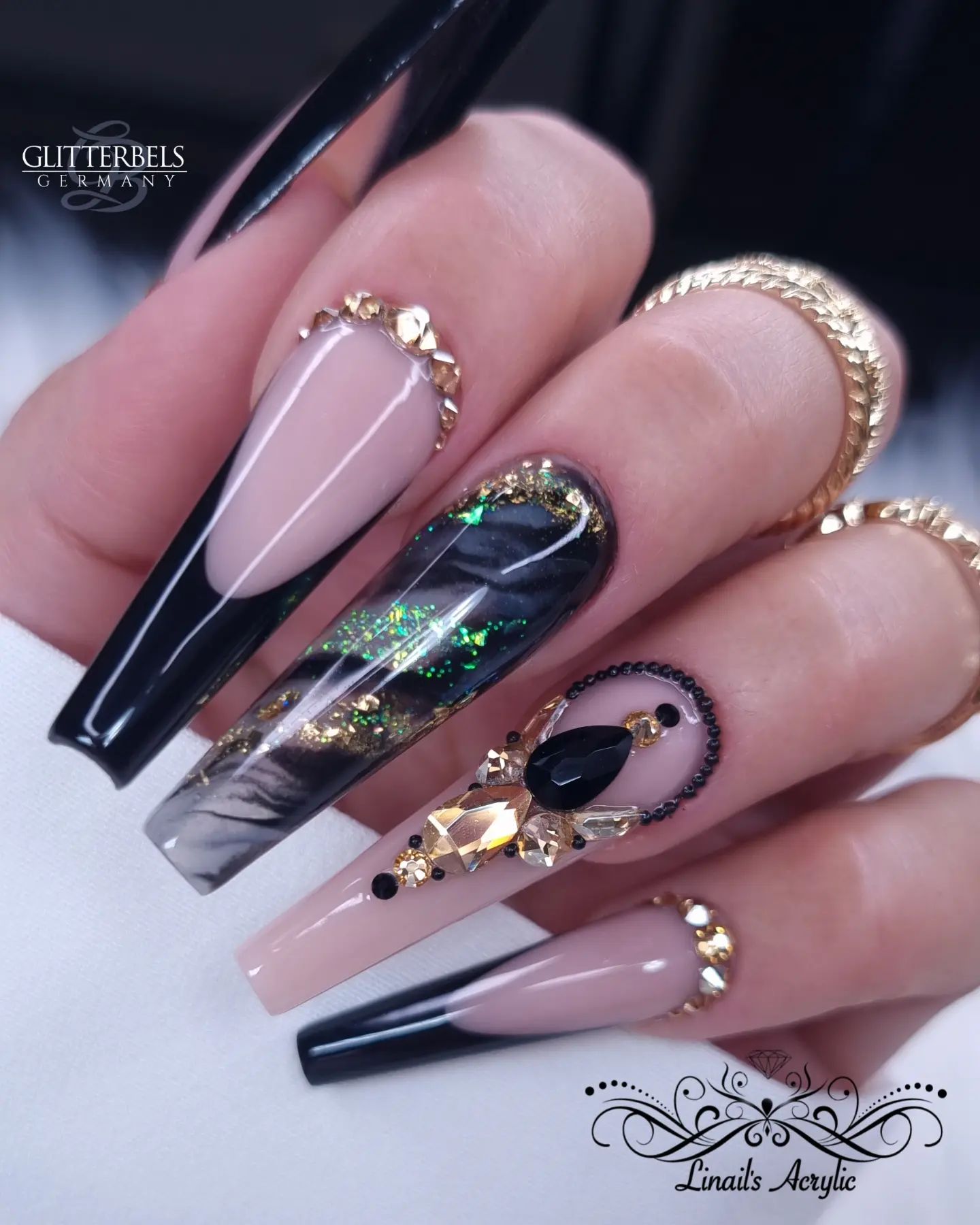 Long Nails with Black Tips and Rhinestones