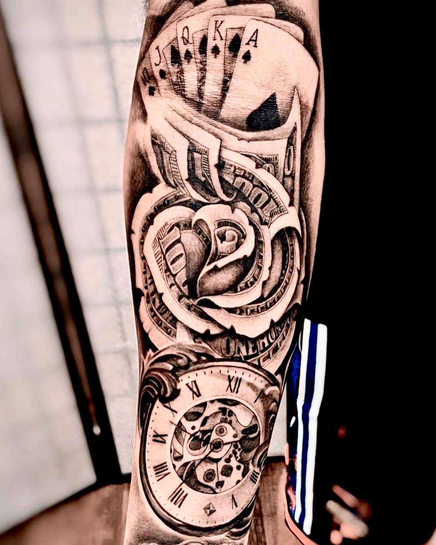 Money Rose and Clock Tattoo on Arm