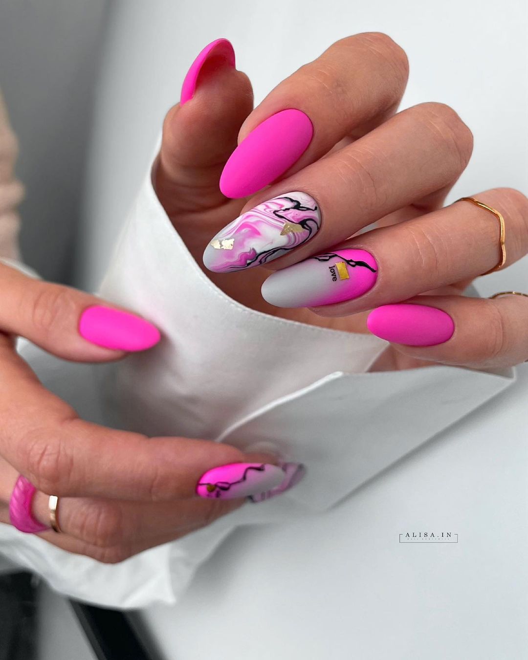 Hot Pink Nails with Marble Design