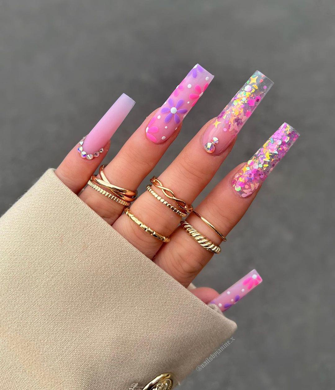 Long Acrylic Pink Nails with Glitter