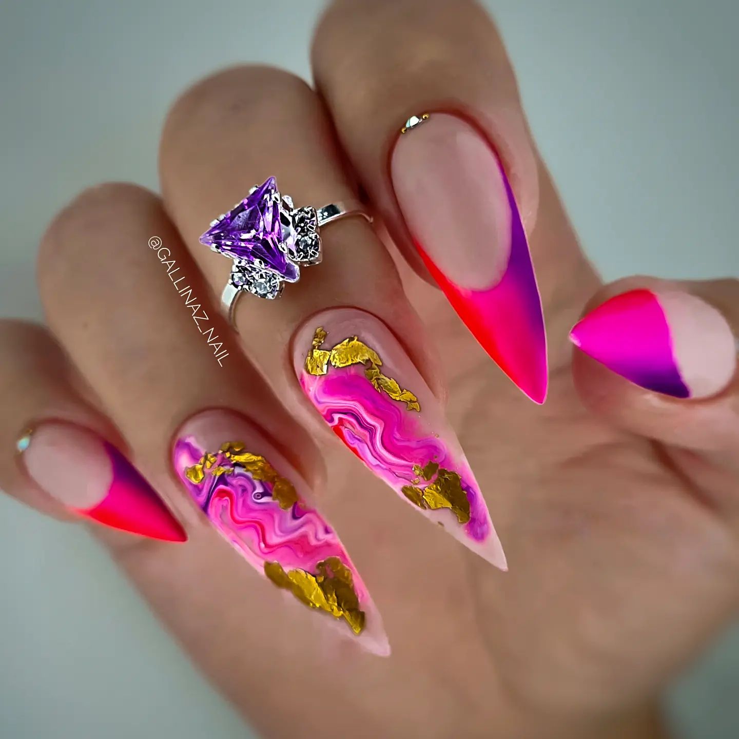 Pink Stiletto Nails with French Tips and Marble Design