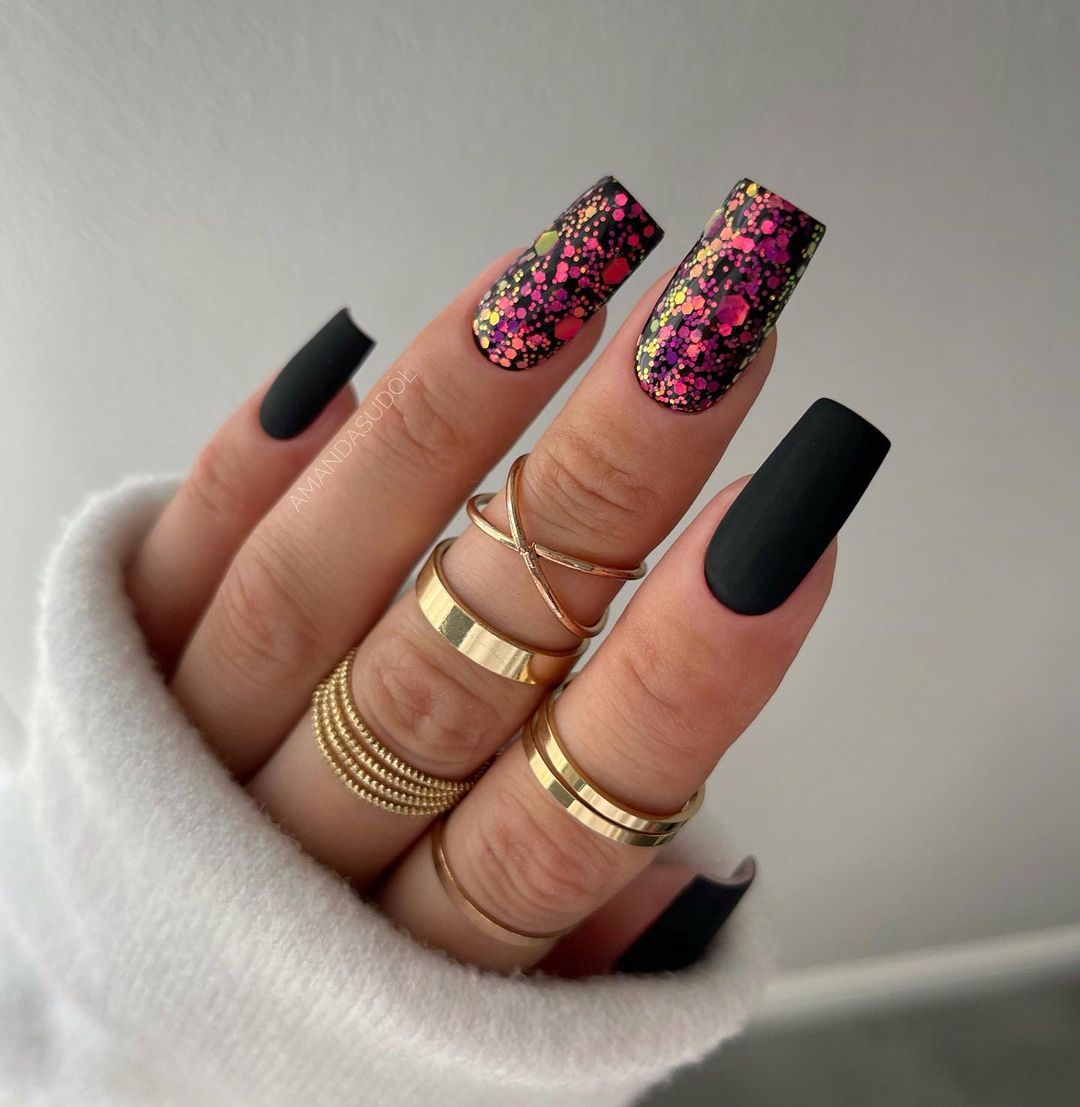 Acrylic Matte Black Nails with Glitter