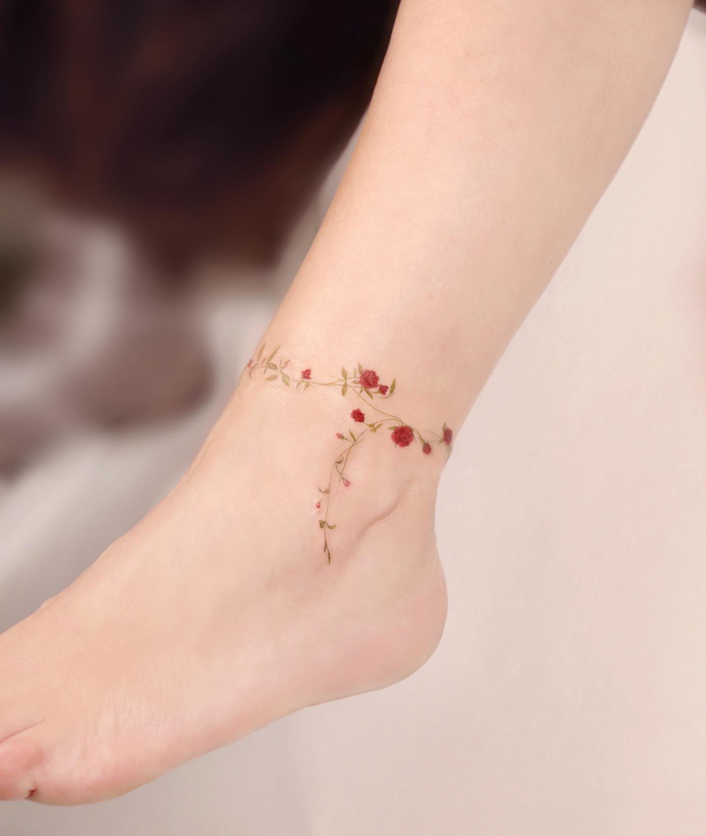 Tiny Red Roses on Vine Tattoo on Ankle