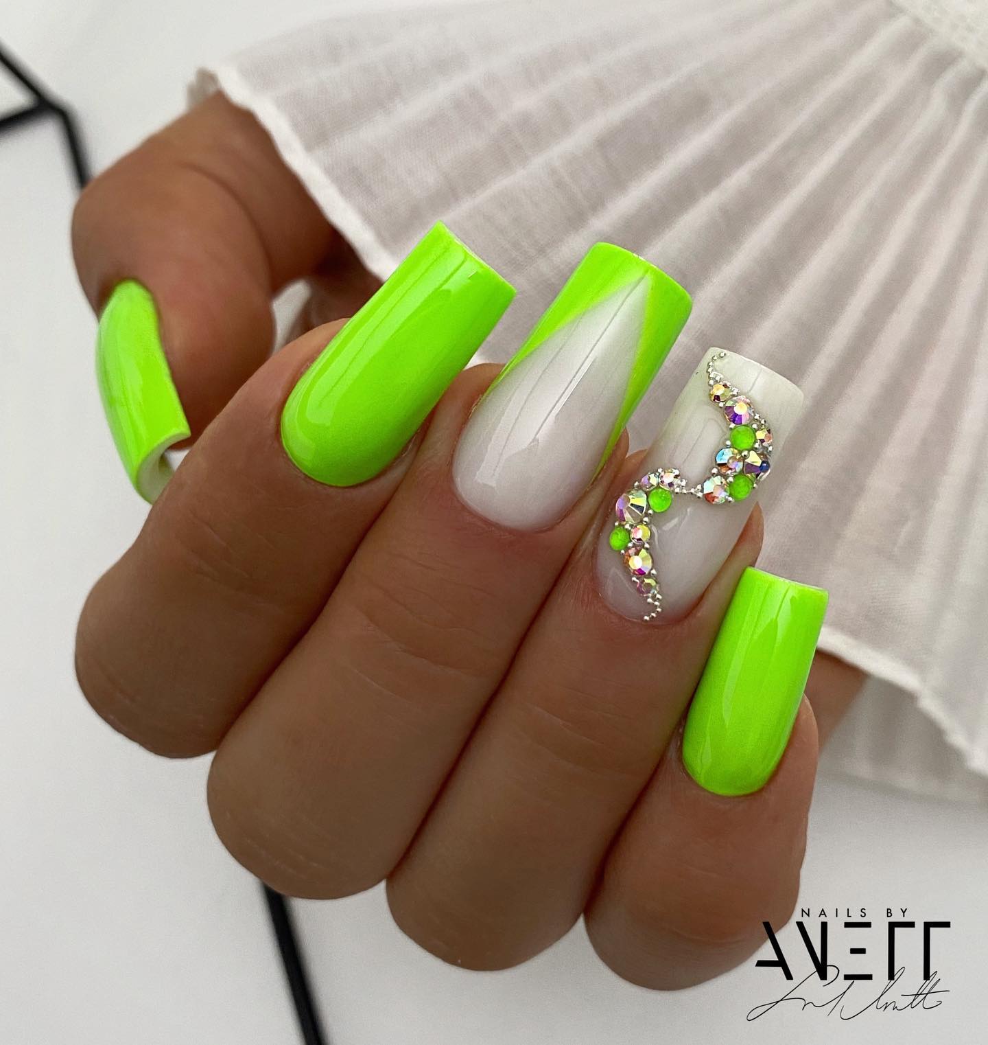 Long Square Neon Green Nails with Rhinestones