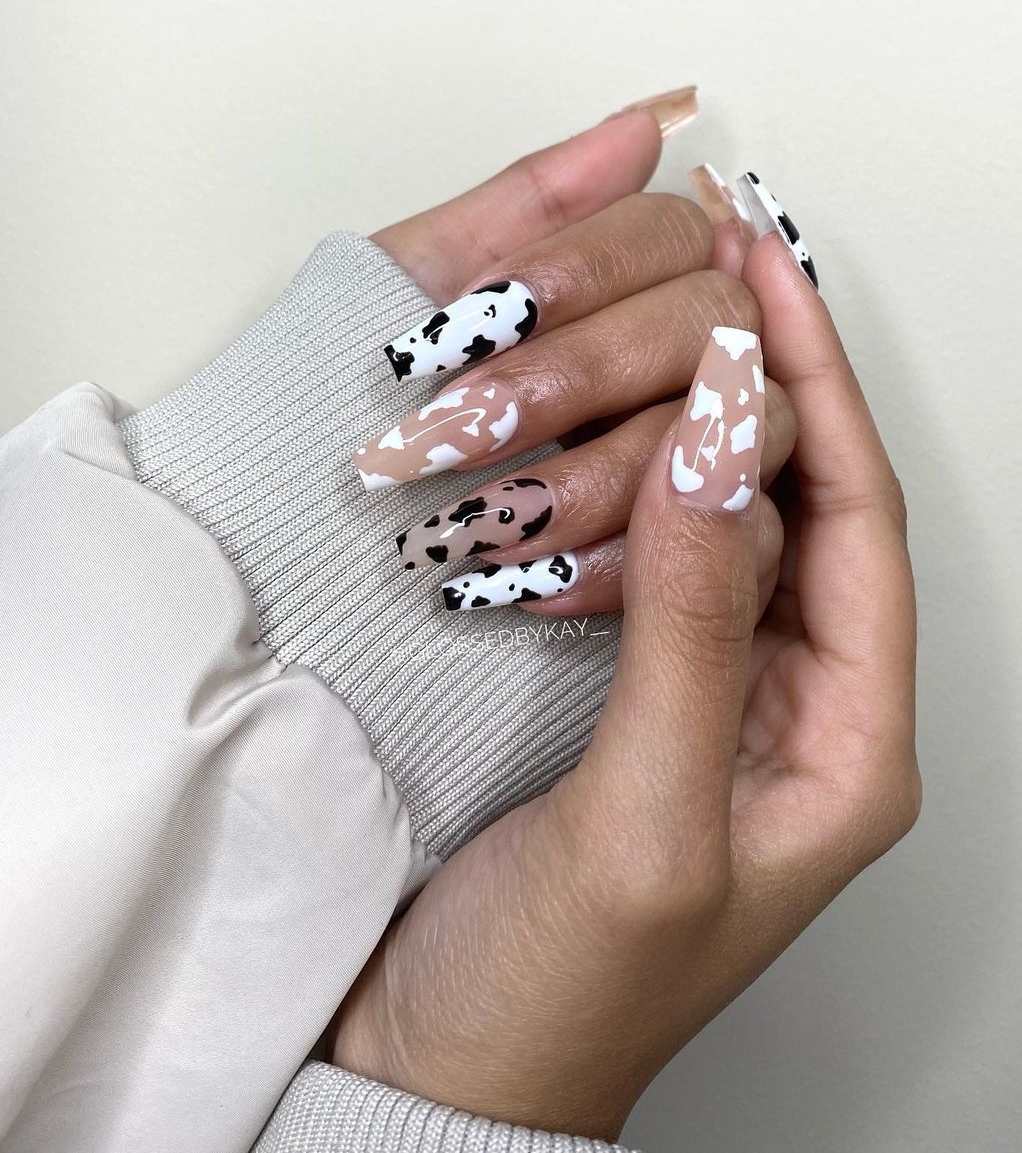 Multicolored Cow Print Design on Coffin Nails