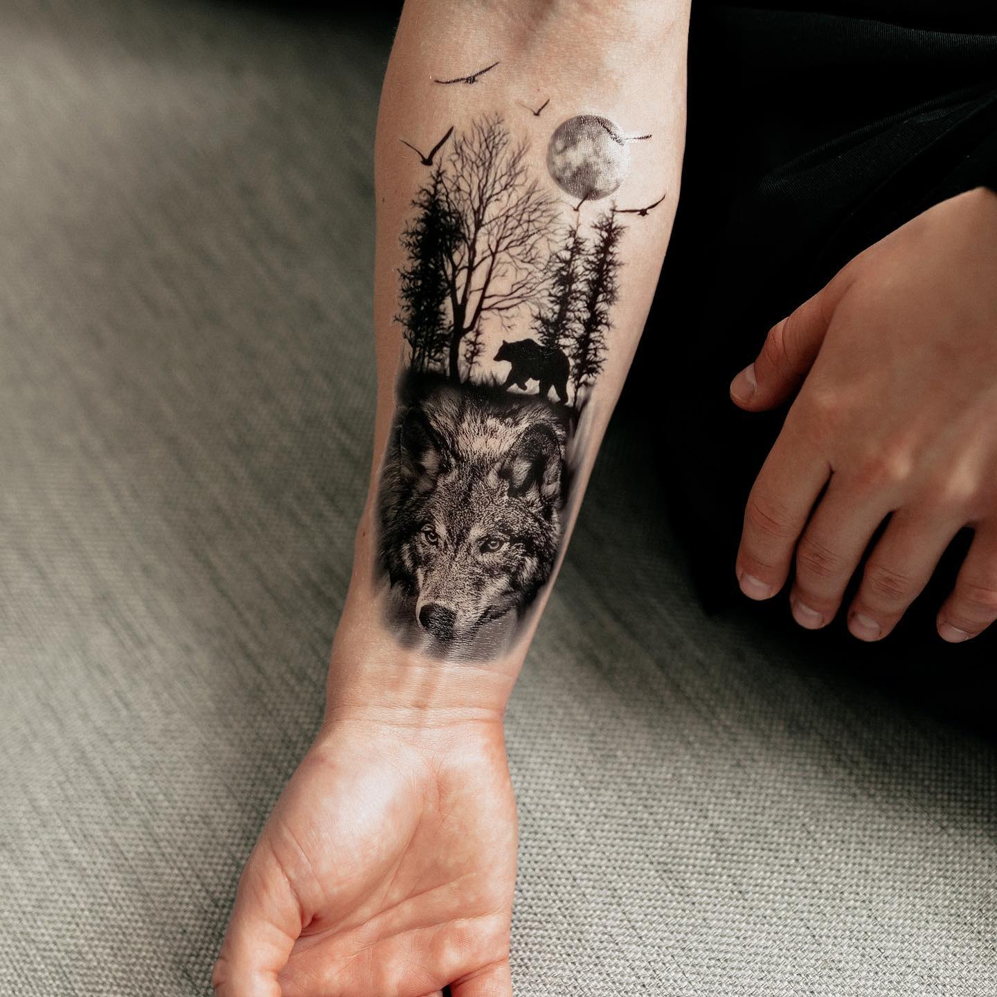 3D Wolf in Forest Temporary Tattoo