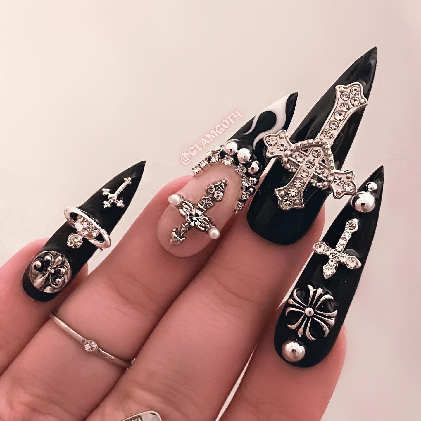 Black and White Gothic Stiletto Nails