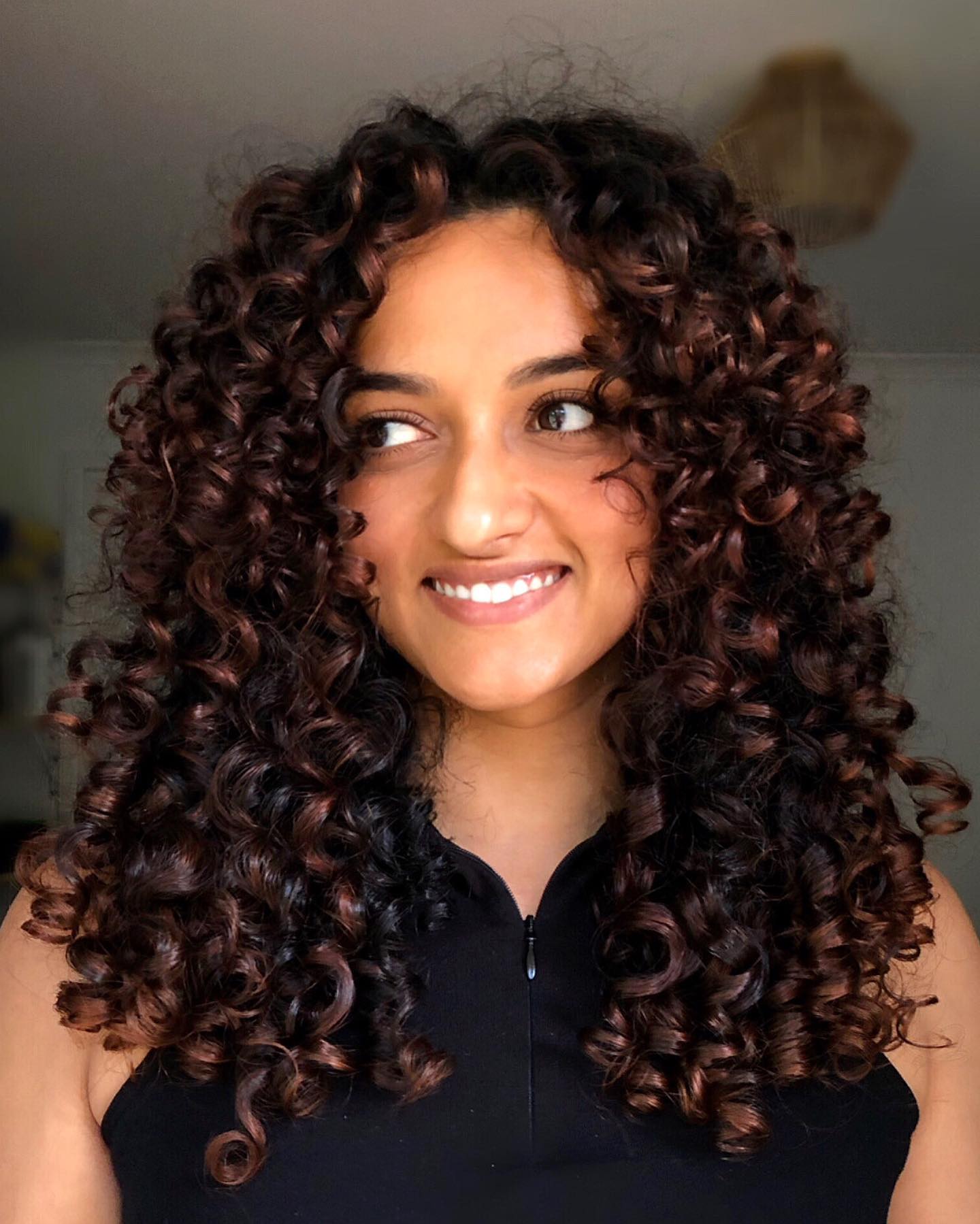 Dark Caramel Highlights on Dark Curly Hair