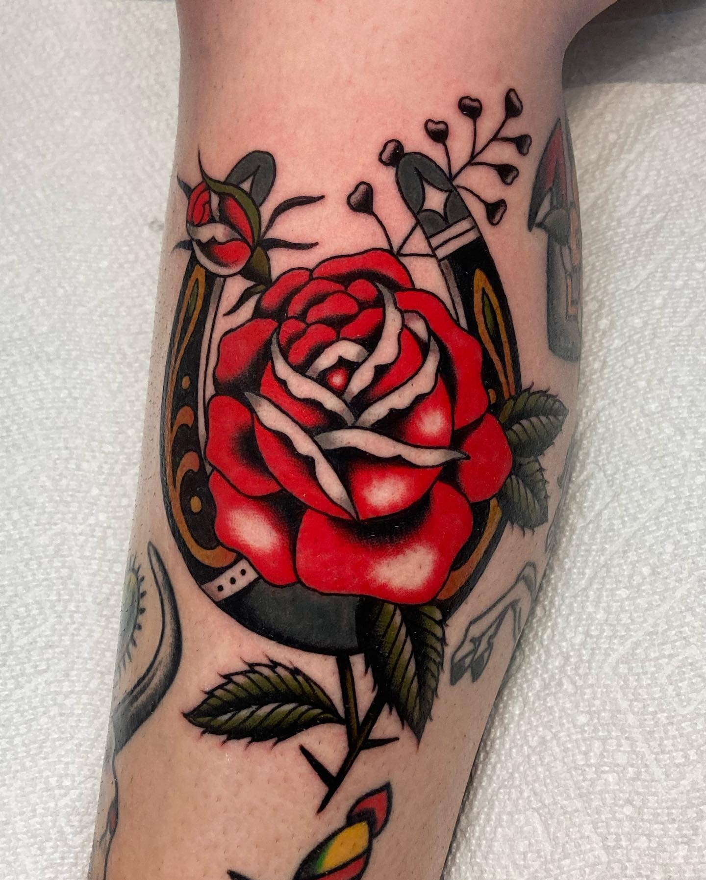 Traditional red Rose Tattoo on Leg