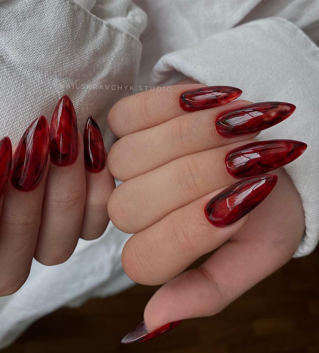 Dark Red Almond Nails