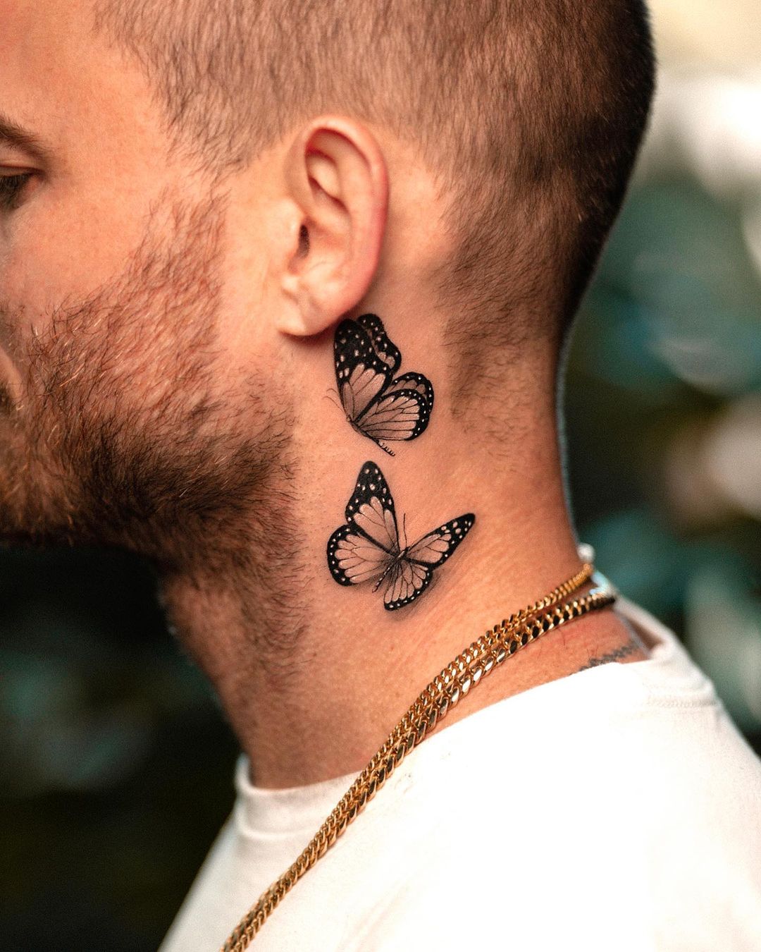 Black 3D Butterfly Tattoo on Neck for Men