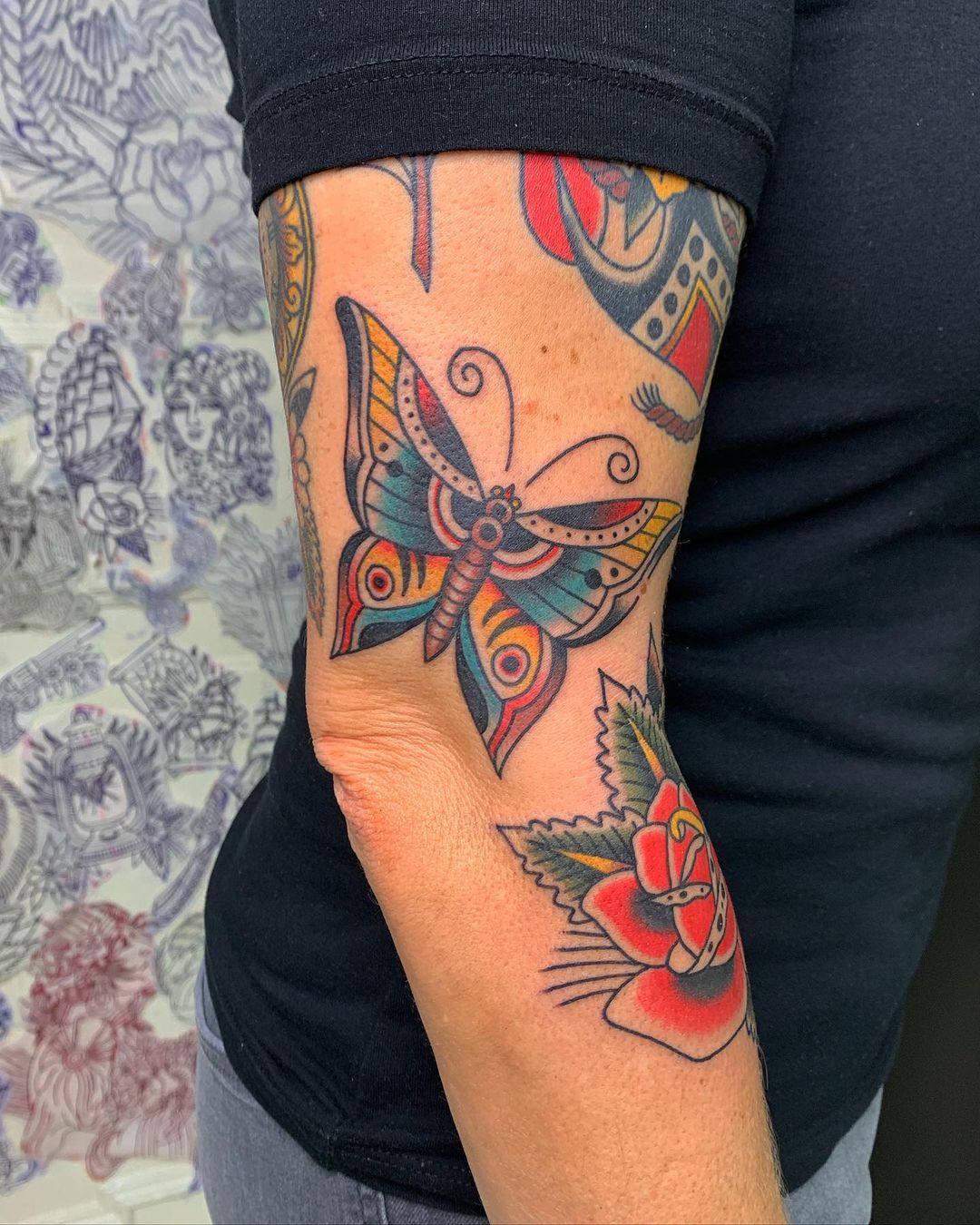 Rose and Butterfly Combo Tattoo on Arm