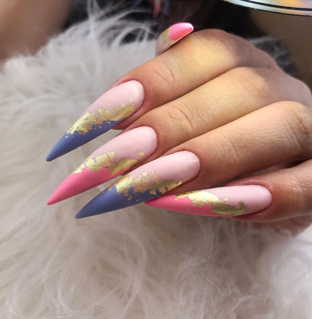 Long Matte Stiletto Nails with Gold Foil