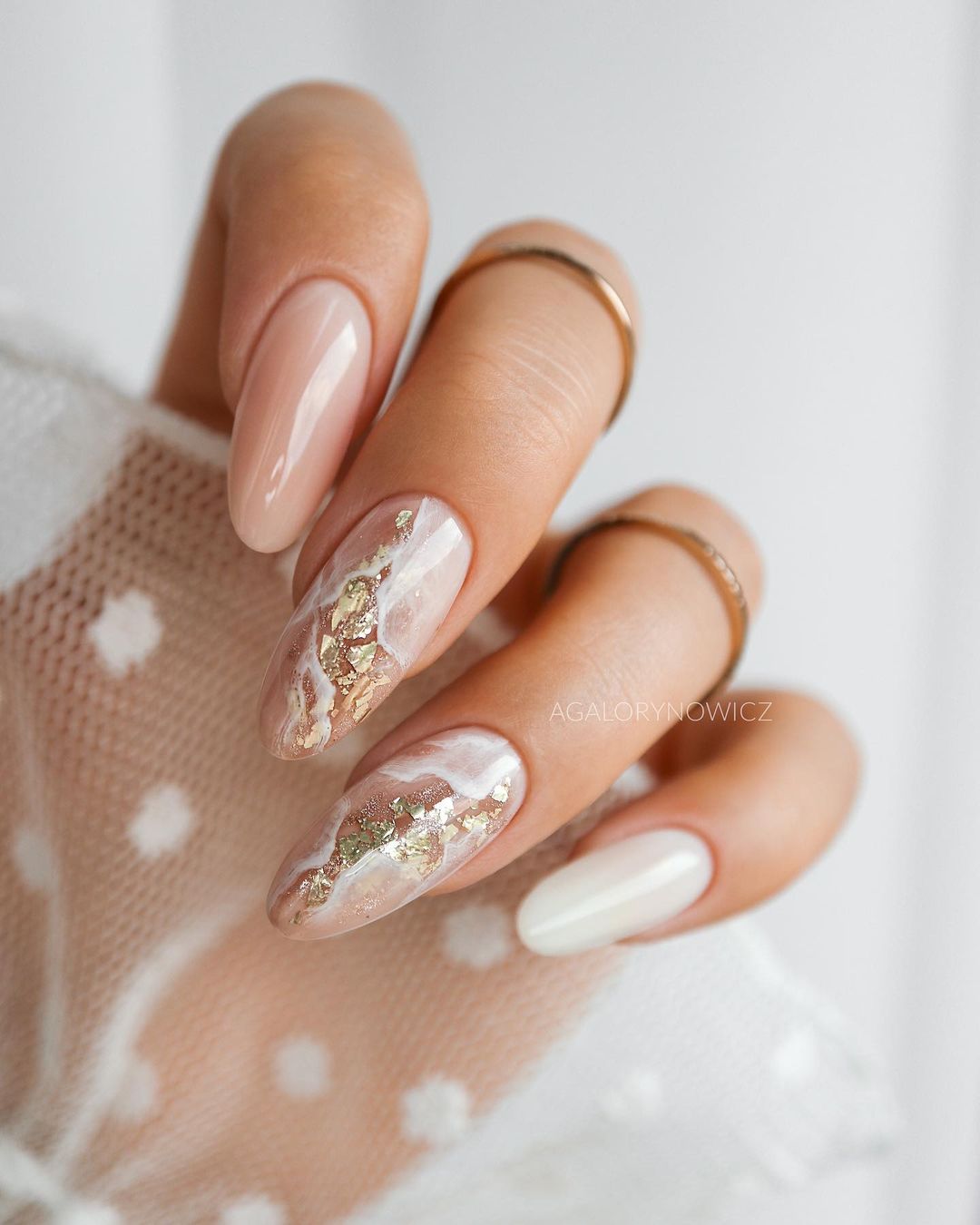 Nude Nails with Gold Marble Design