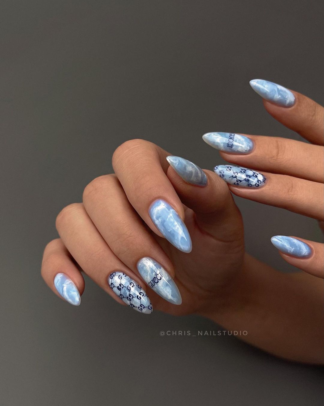 Blue and White Marble Nails