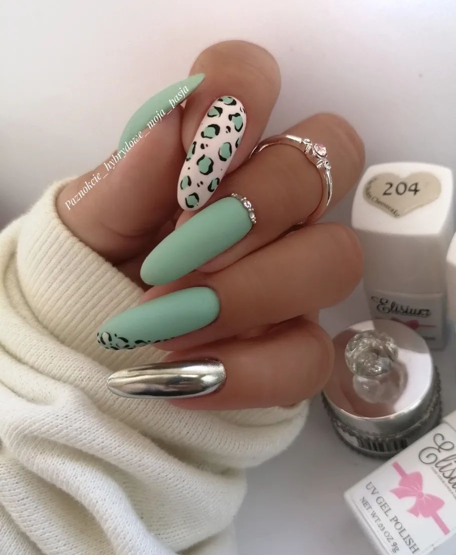 Long Sage Green Nails with Leopard Design