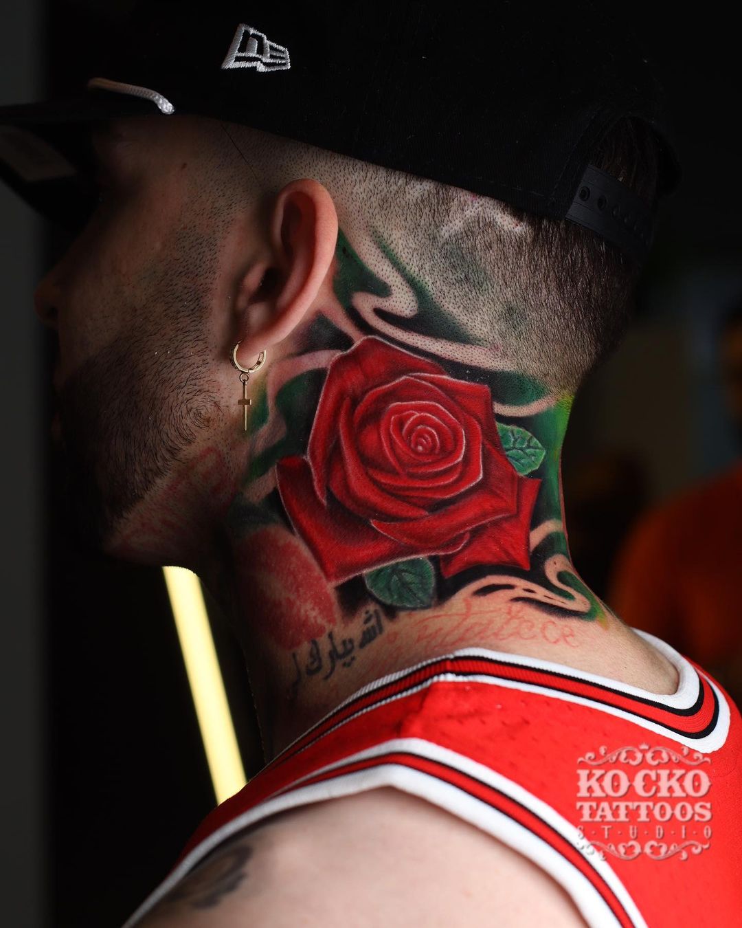 Side Neck Colored Rose Tattoo for Men