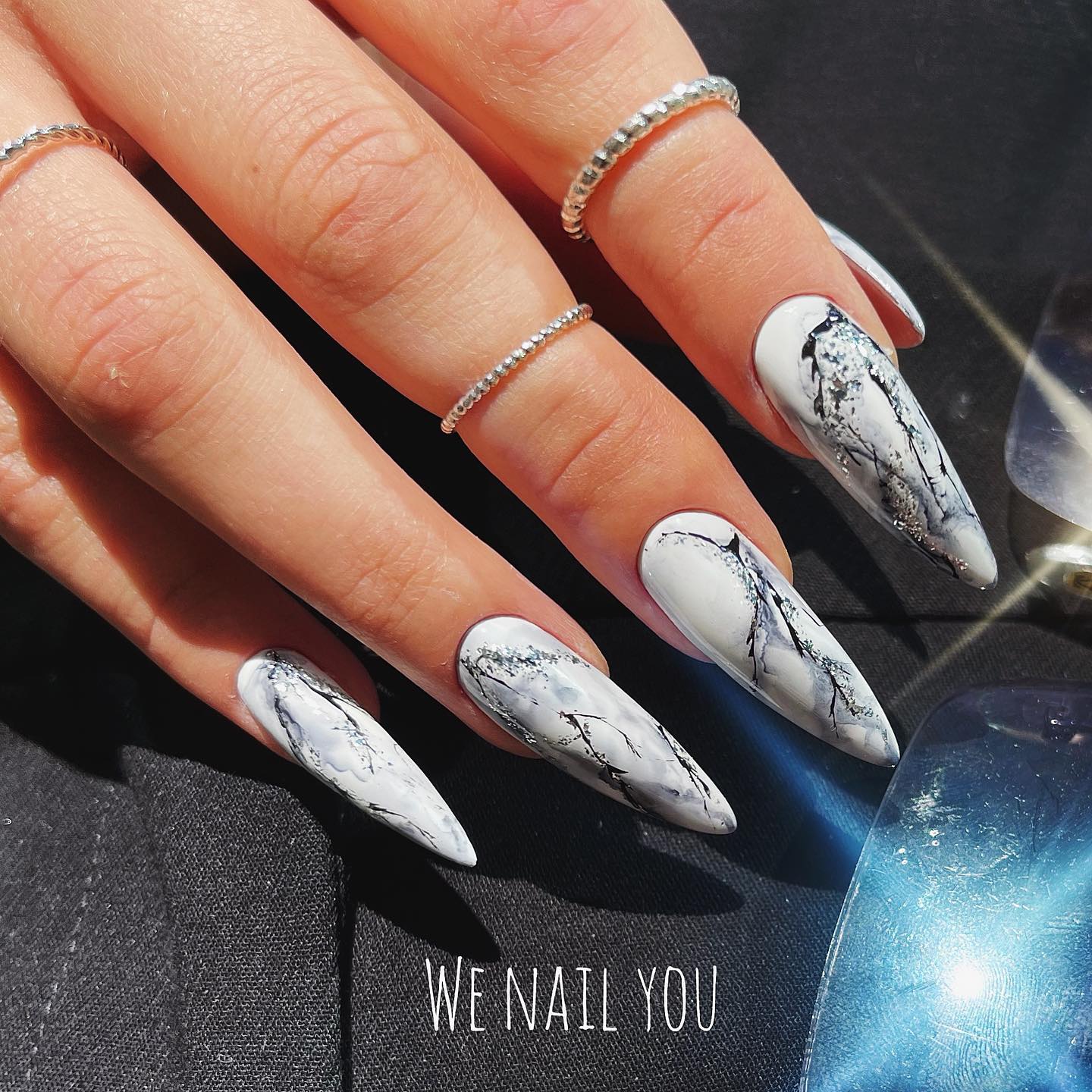 Stiletto White Marble Nails