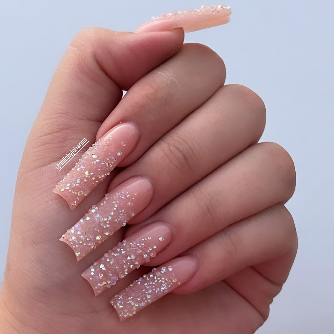 Square Nude Nails with Rhinestones