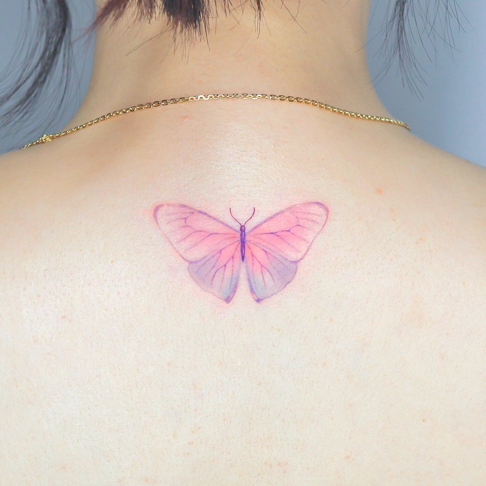 Pink Butterfly Tattoo on Back