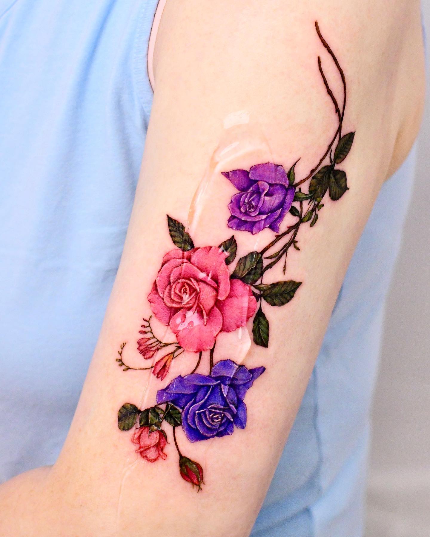 Purple and Pink Roses on Vine Tattoo