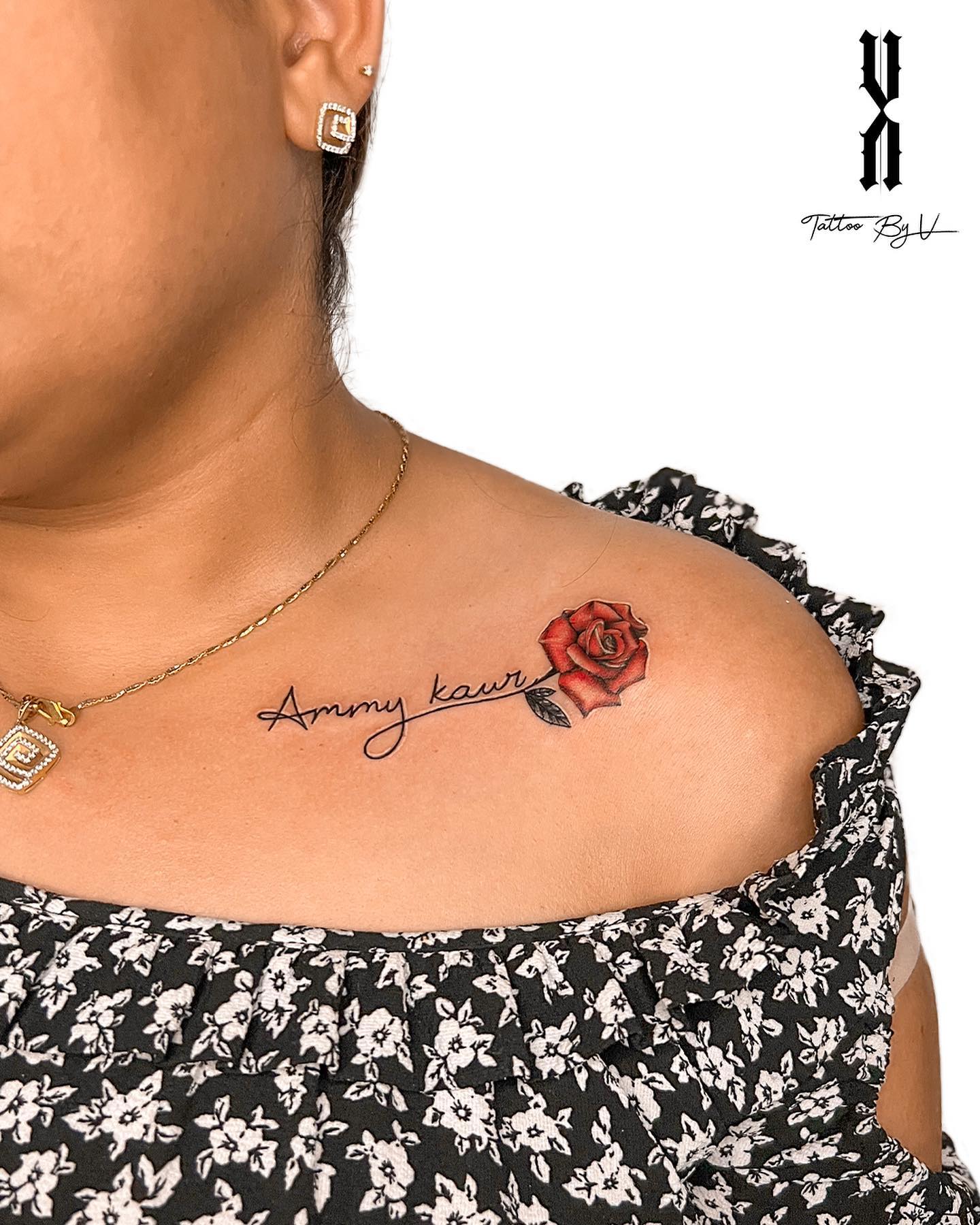 Name with Rose Tattoo on Shoulder