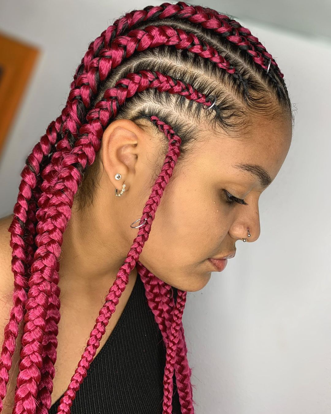 Thick Red Stitch Braids on Black Hair