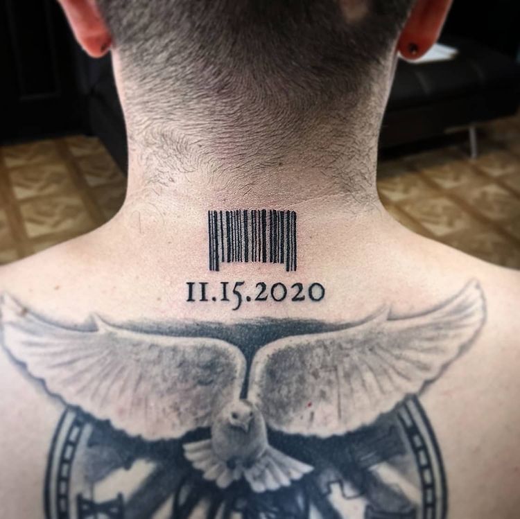 Back Neck Barcode Tattoo with Date for Men