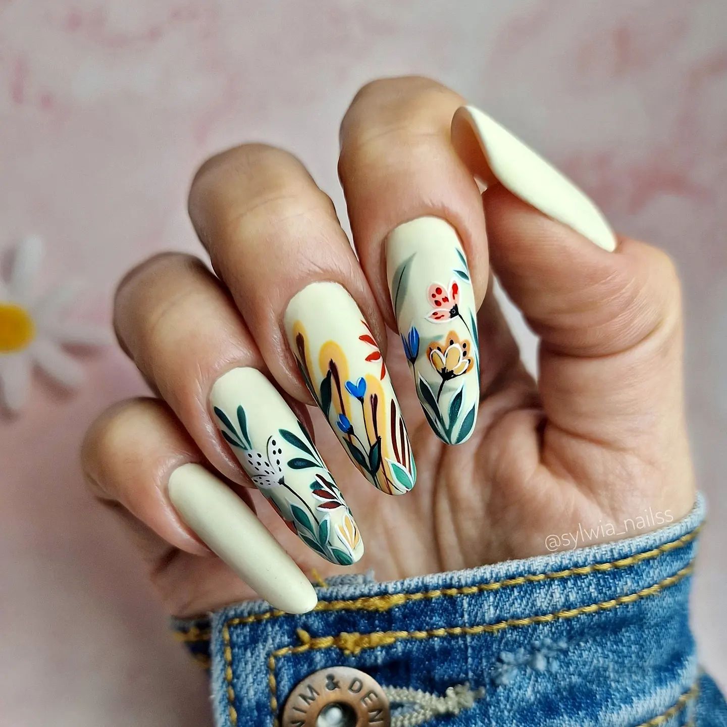 Long Milky Unique Floral Nails