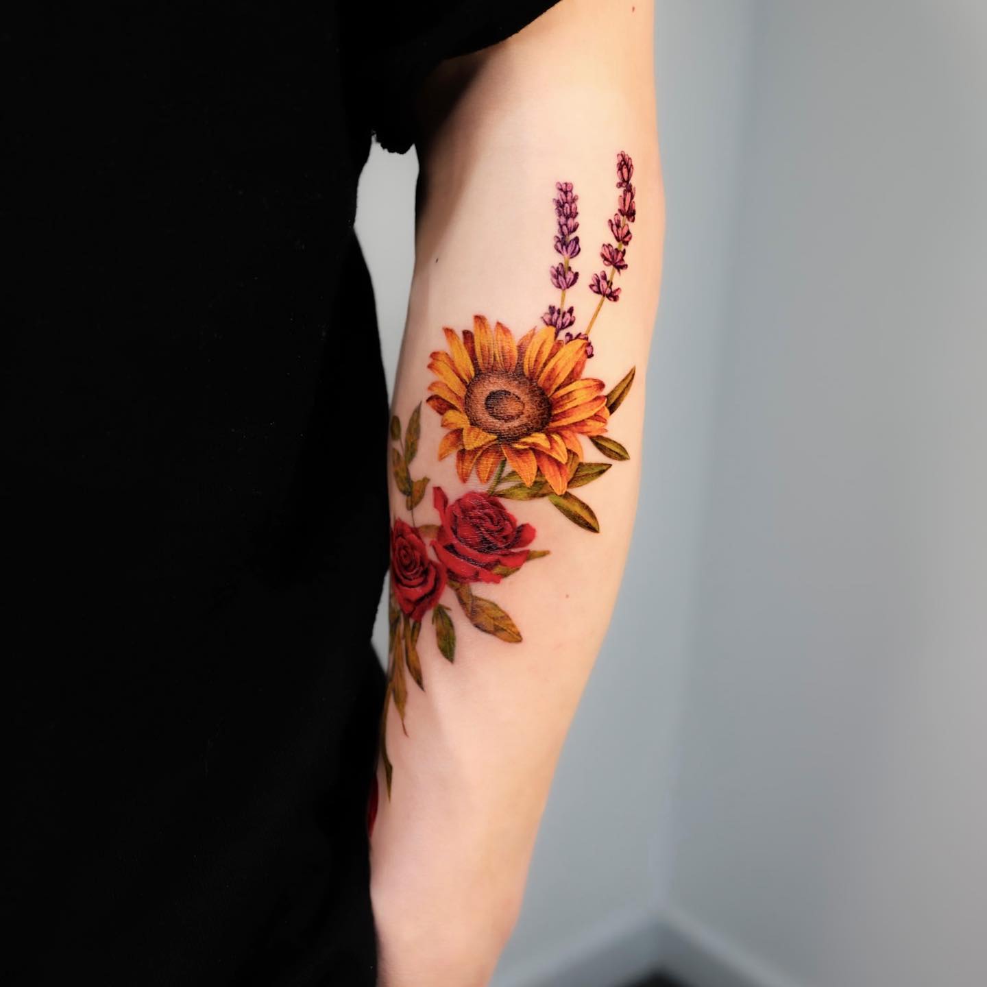 Red Roses and Sunflower Tattoo on Arm