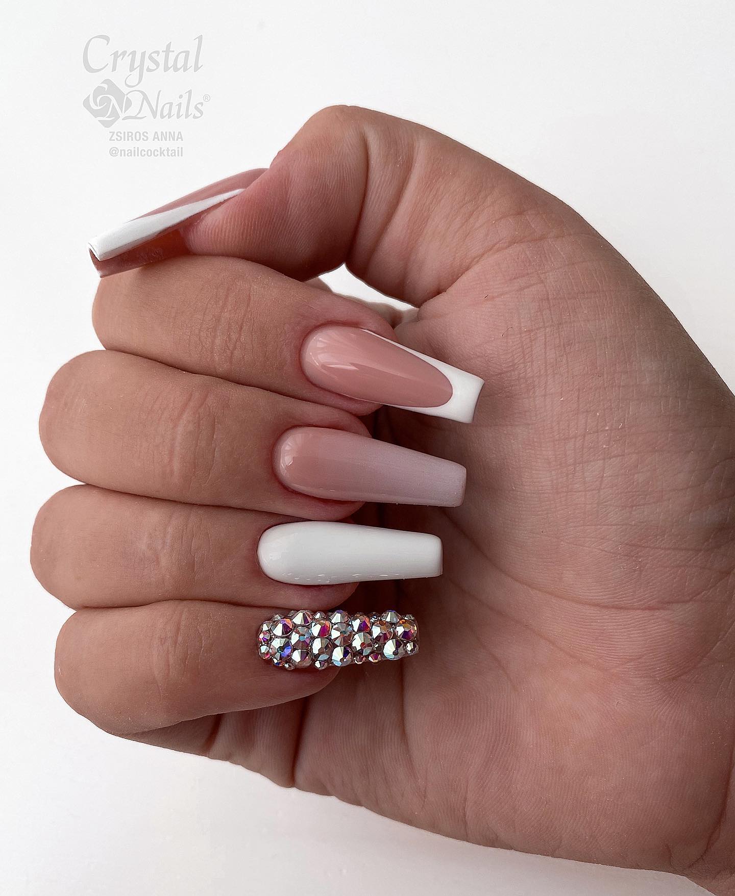 White and Nude Nails with Rhinestones