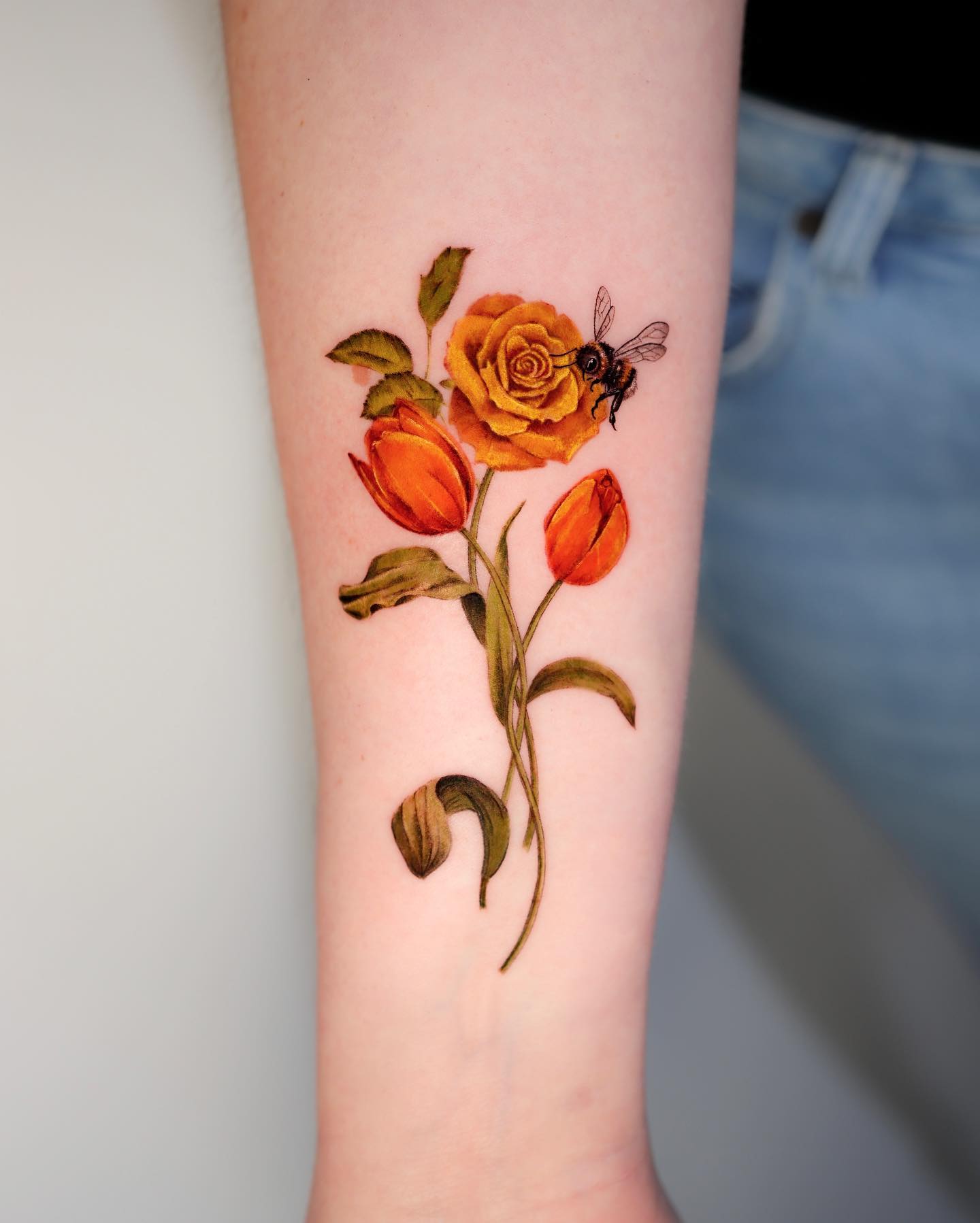 Yellow Rose Tattoo with Bee on Arm