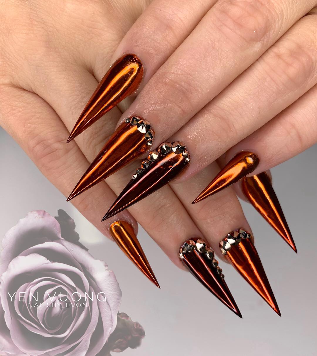 Stiletto Bronze Chrome Nails