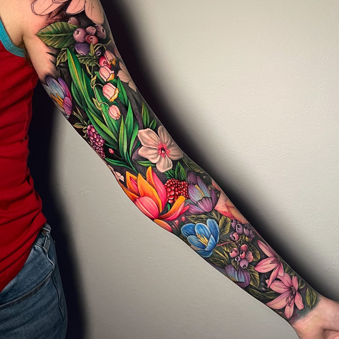 Color Floral Temporary Tattoo on Whole Arm