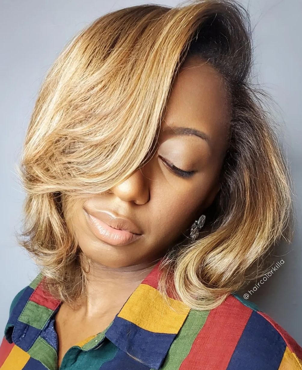 Long Bob Cut on Blonde Hair with Long Side Bang