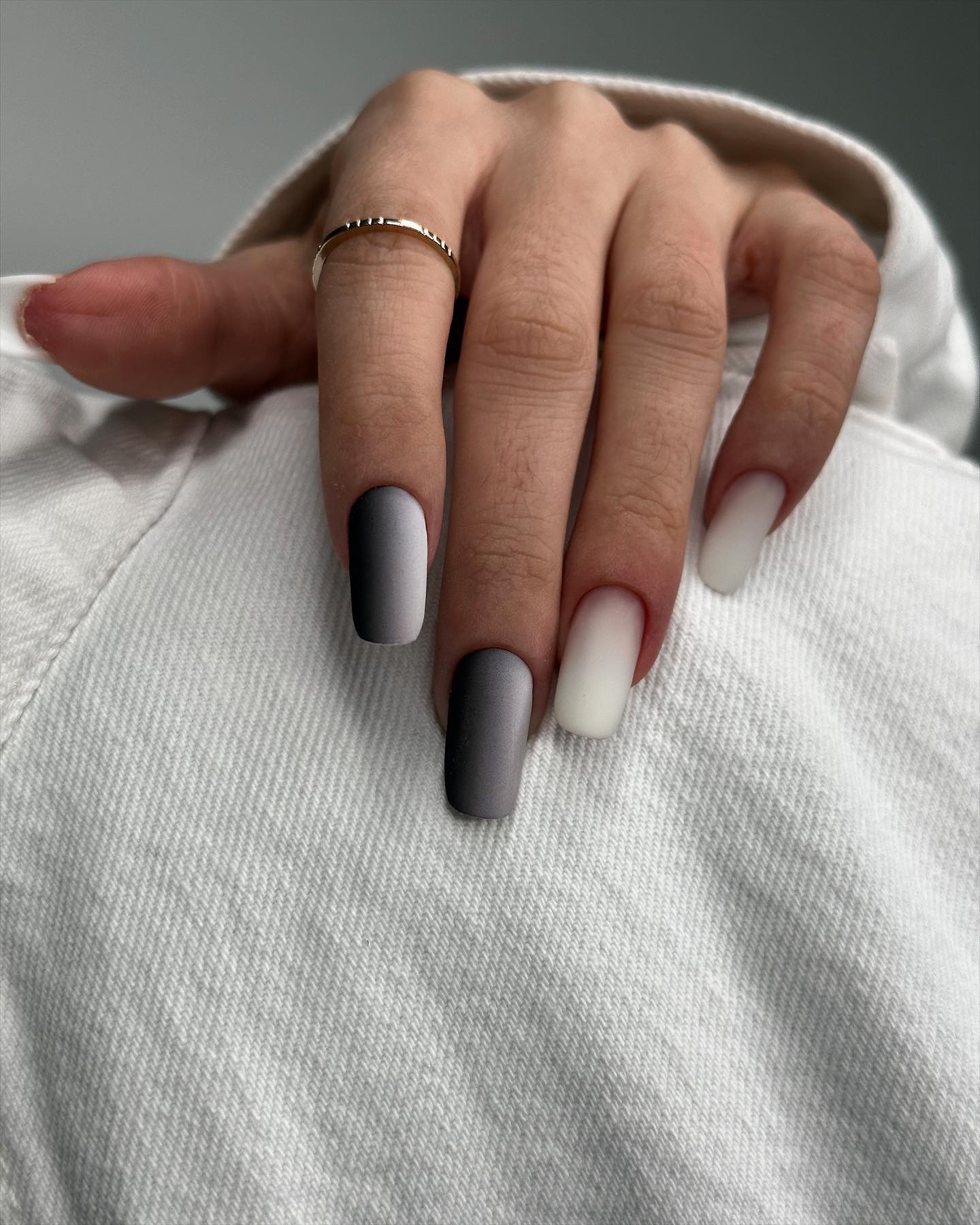 Long Round Nails with Grey and White Ombre