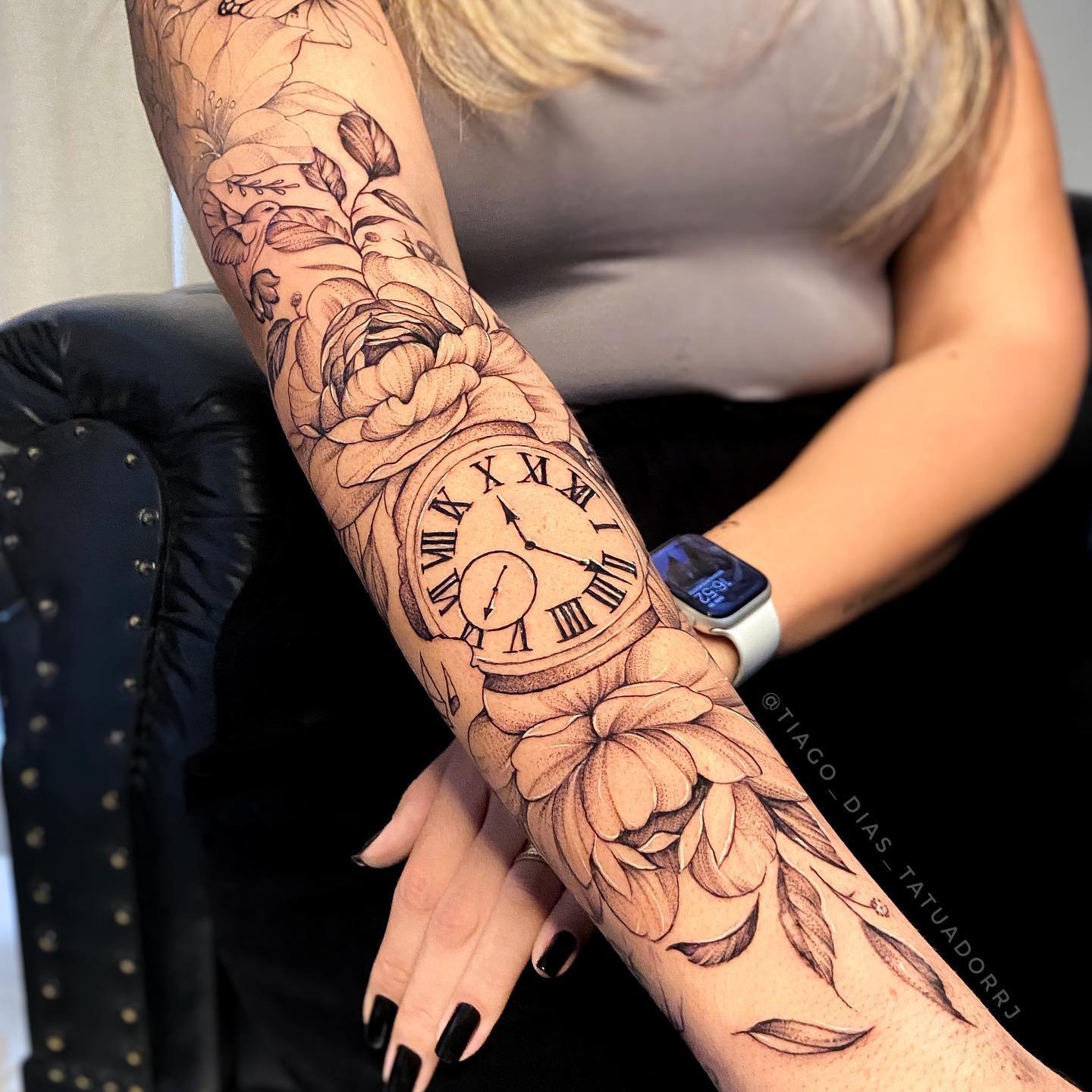 Large Clock and Rose Tattoo on Arm