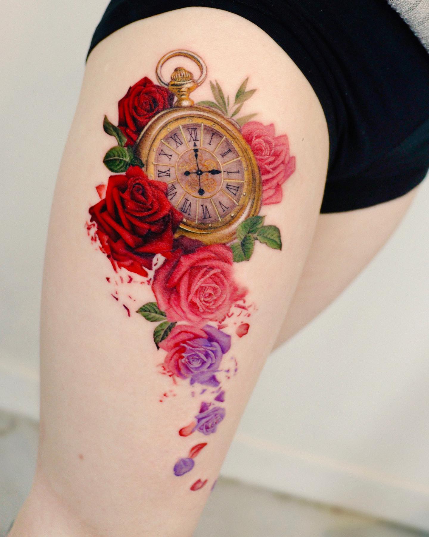 Clock and Roses Tattoo on Thigh