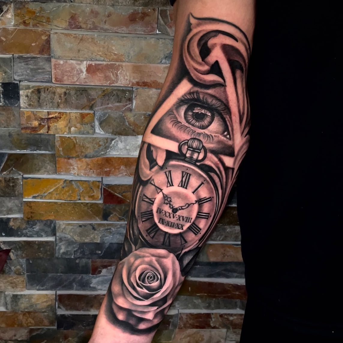 Clock Rose and Eye Large Tattoo