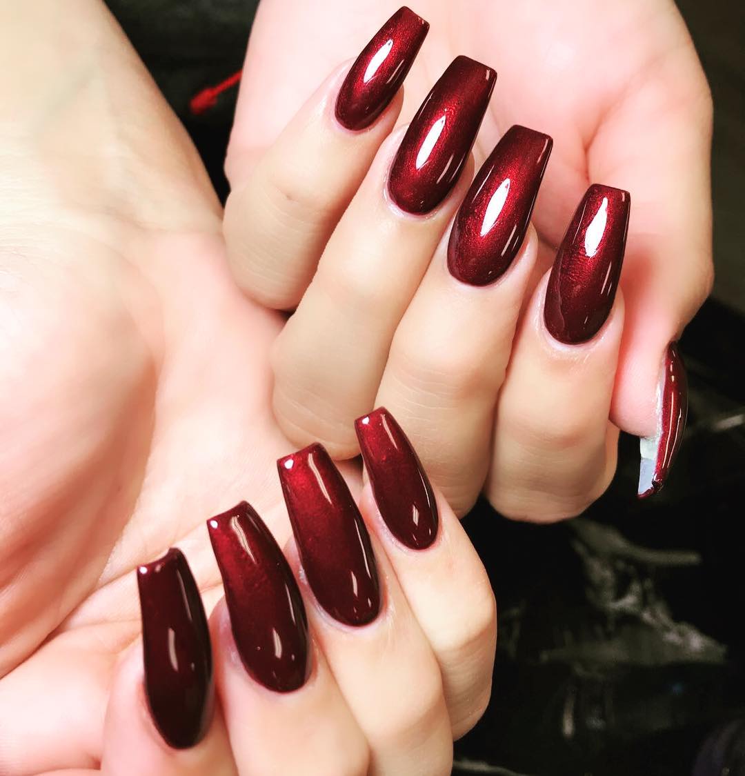 Long Ballerina Burgundy Chrome Nails