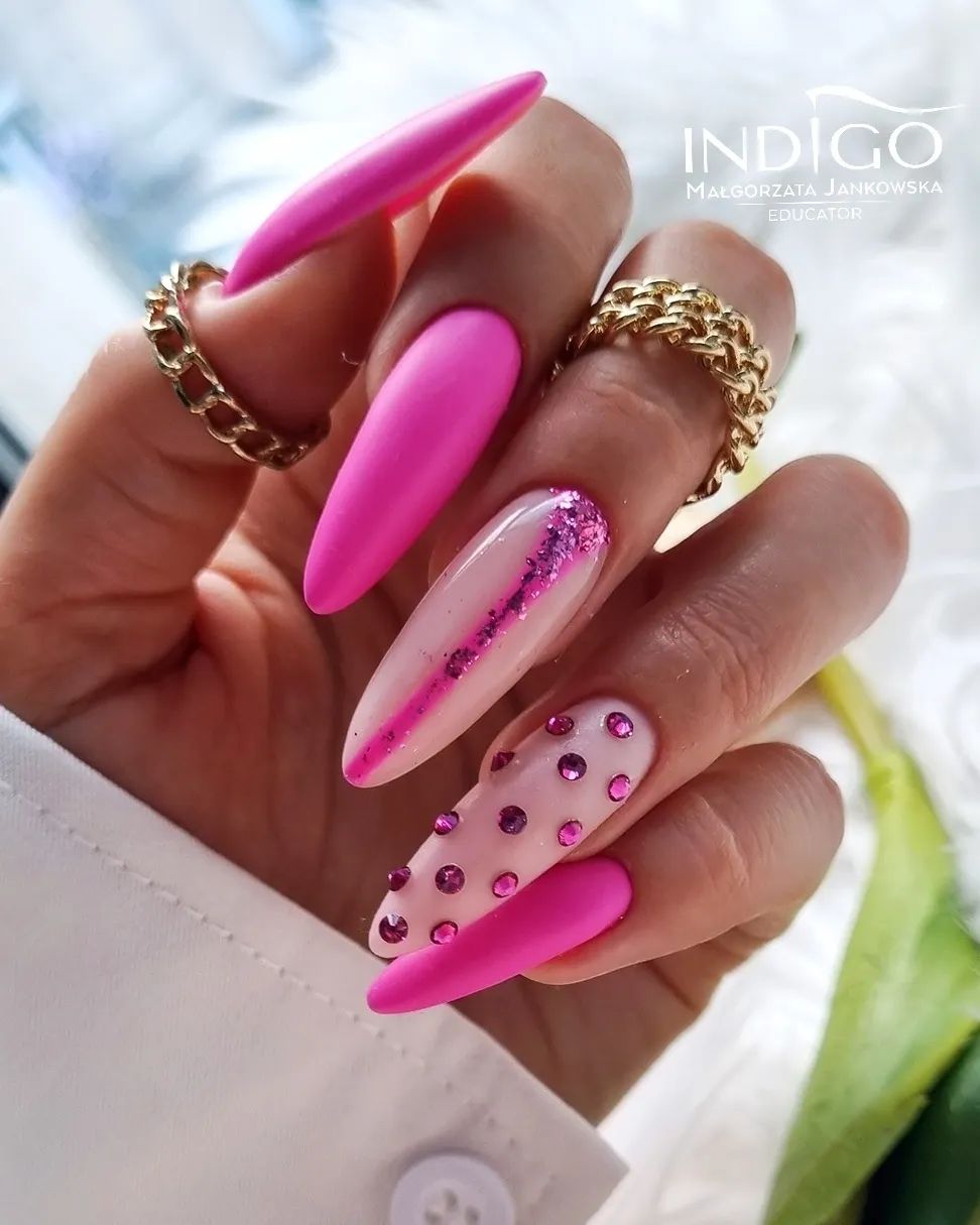 Long Pink Matte Nails with Pink Rhinestones