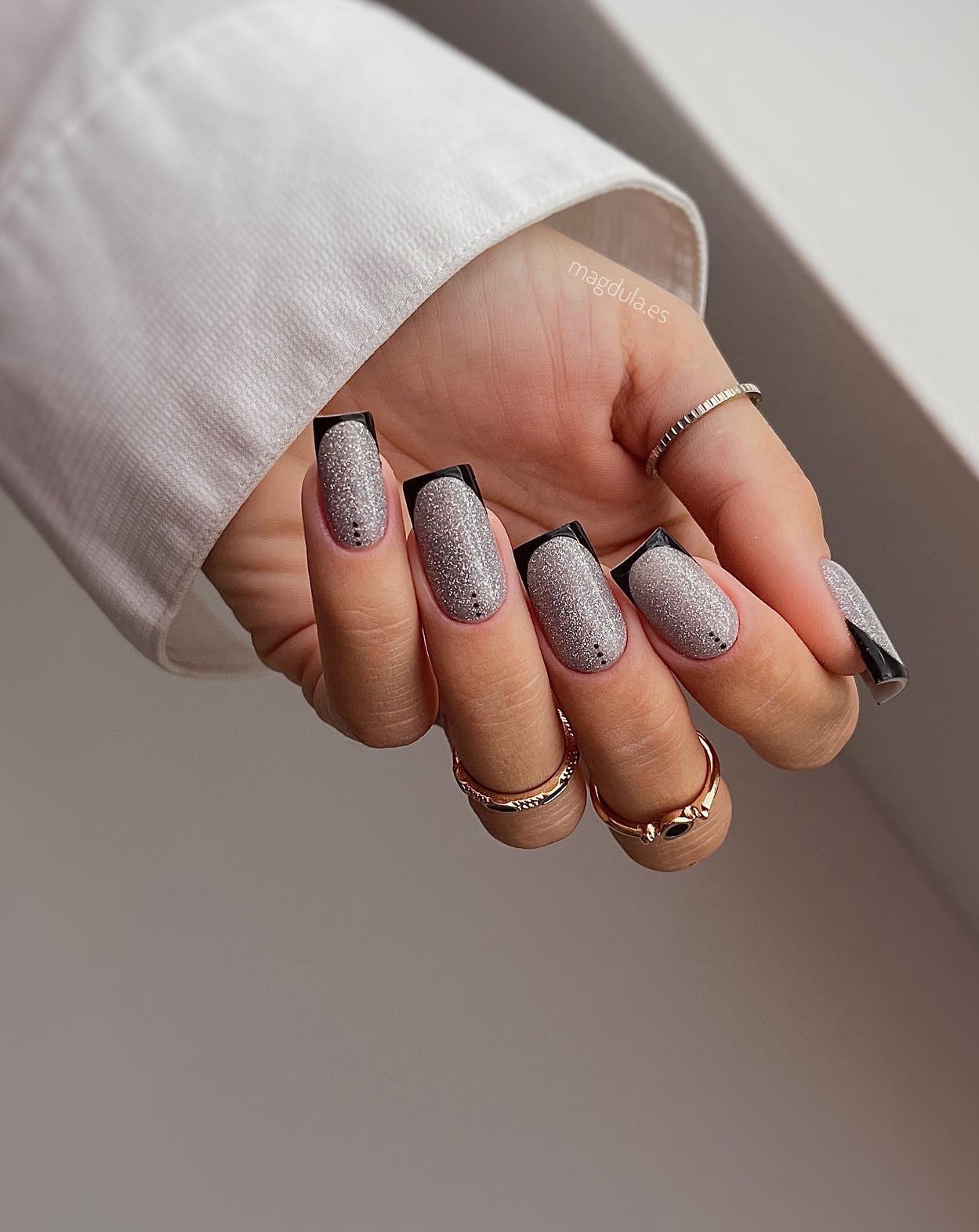 Short Square Glitter Grey Nails with Black Tips