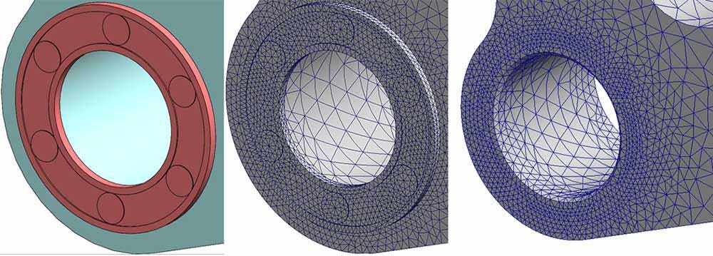 CAD part showing coincident components, CAD part with common node meshing, and CAD part showing a larger component with meshing imprint from a smaller component