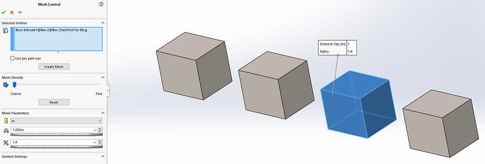 Mesh Control is applied to a selected body in SOLIDWORKS