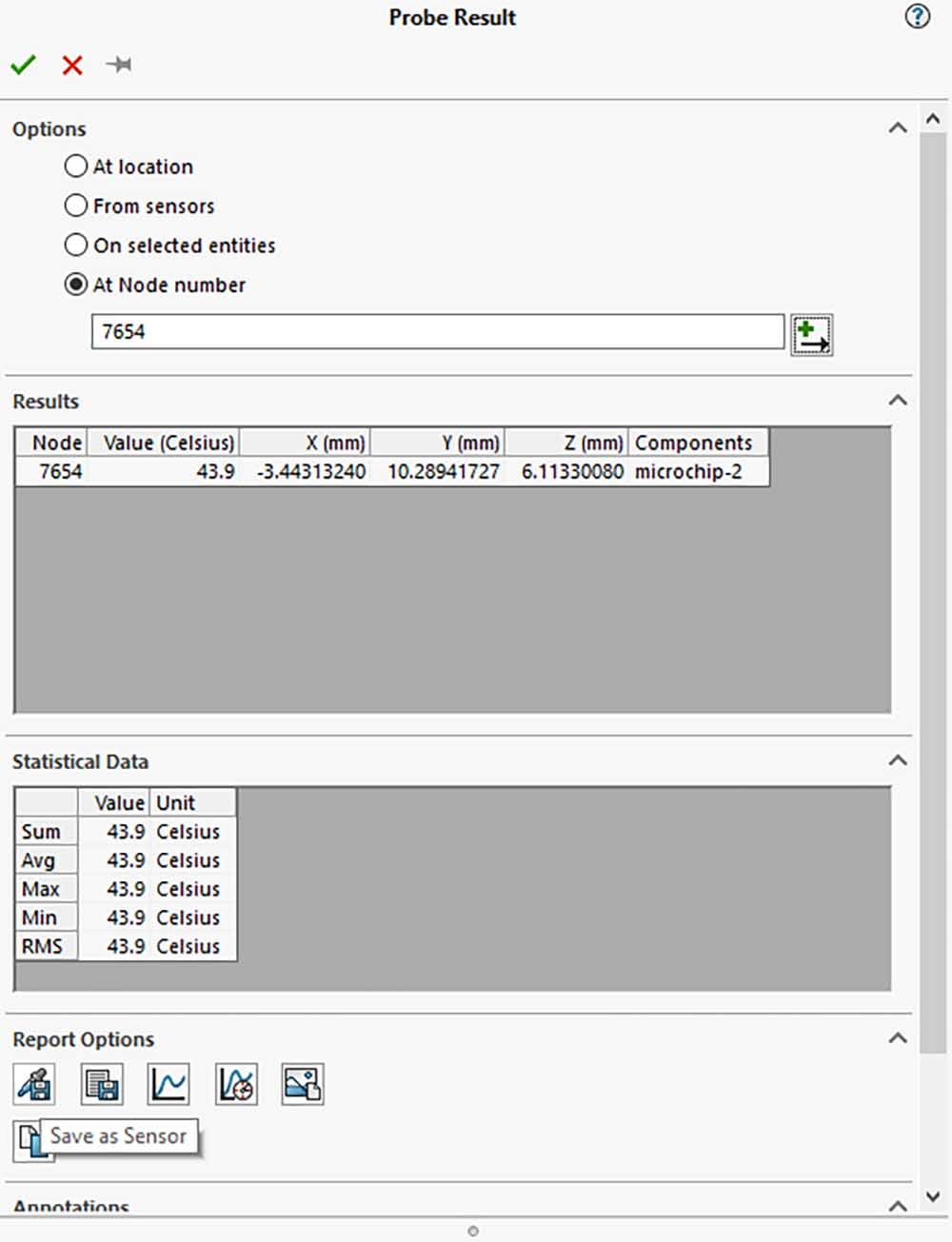 Probing the results at the node number with the save sensor, emphasized by a tooltip in SOLIDWORKS Simulation