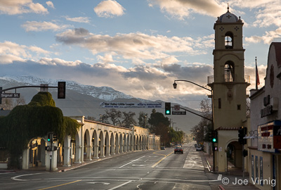 Downtown Ojai, Arcade and Snow covered Topa Topas