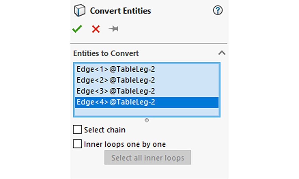 Figure 3: Use convert entities to line up the holes in the block with the holes in the leg. 