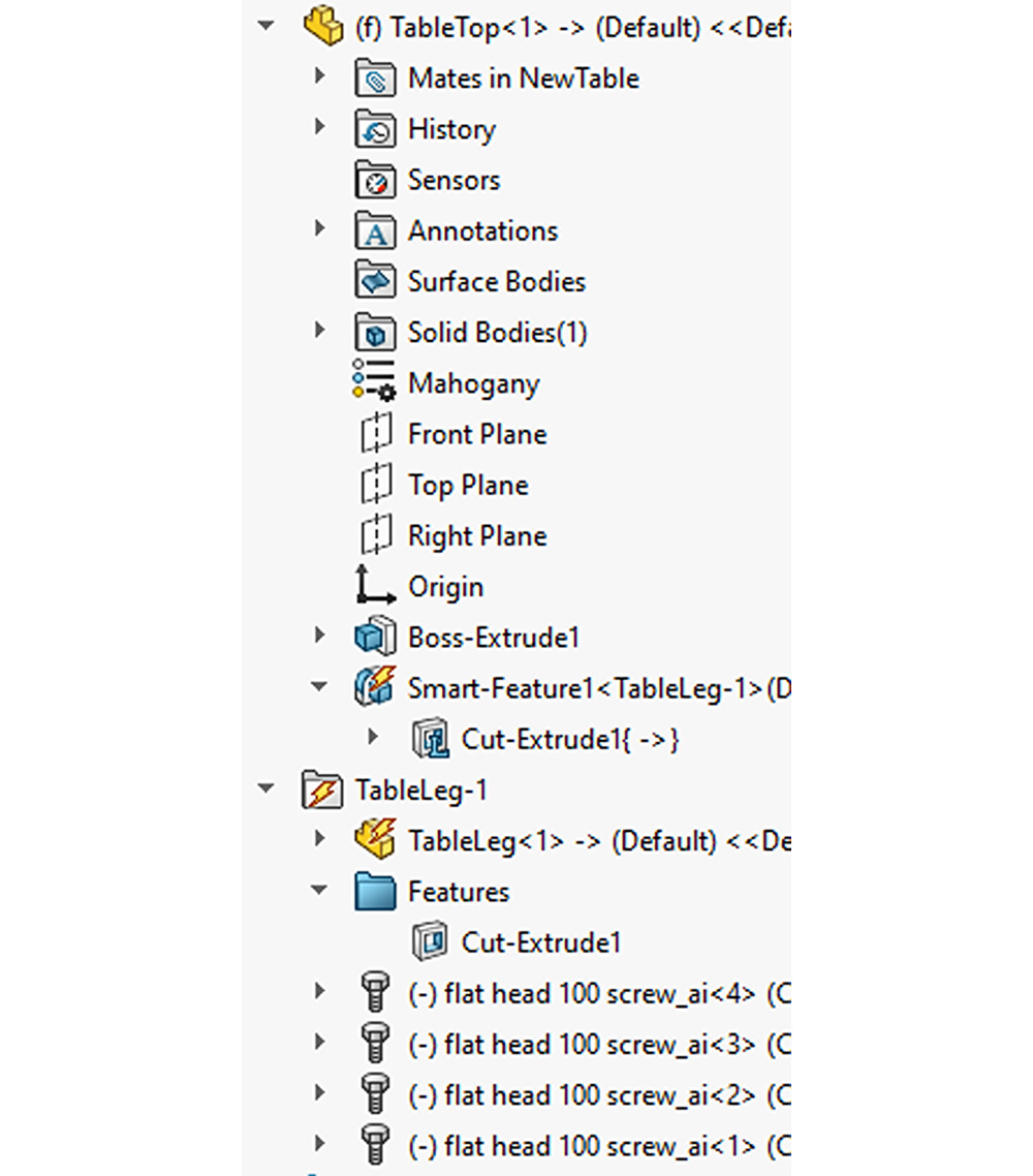 Figure 18: The cut-extrude is now shown under the tabletop component, and the screws are shown in the table leg folder. 